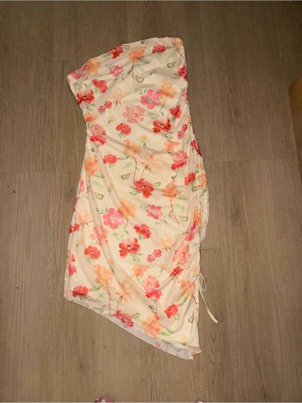 SHEIN Cream Floral Strapless Midi Dress with Pink & Coral Blooms